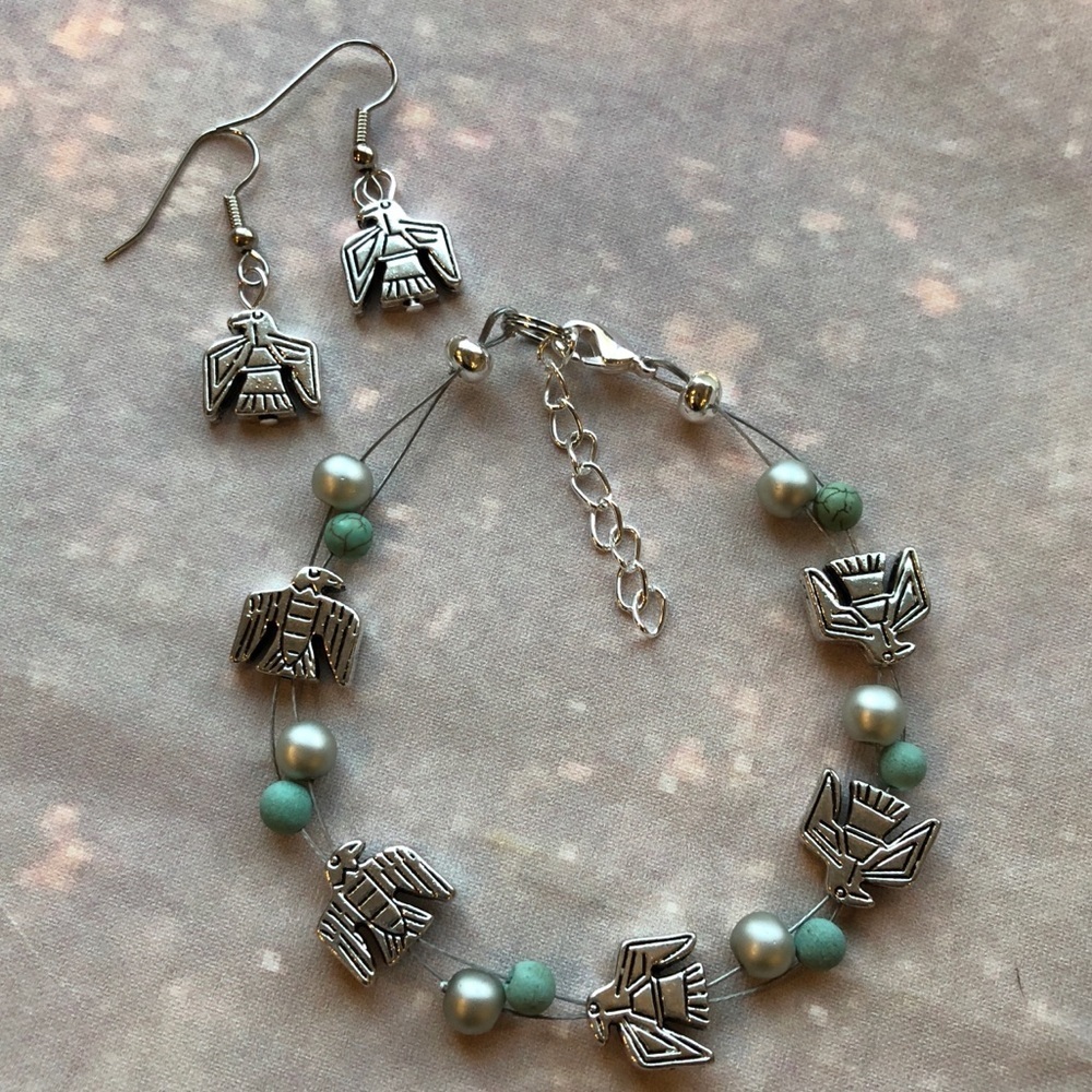 Pewter Floating Bird Bracelet & Earring Set